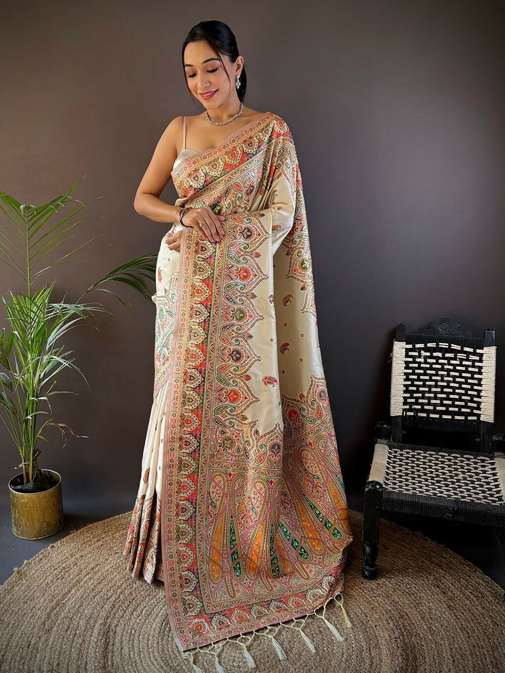 Joban Fashion White Meena Weaves Pashmina Sarees | Grocsy