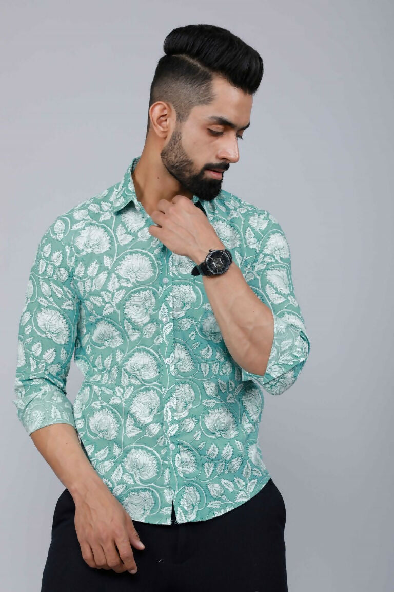 Miravan Men's Cotton Green Floral Printed Slim Fit Shirt | Grocsy