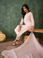 The52 Baby pink Women's Gorgeous Cotton Blend Fabric Thread Work Straight Kurta, Pant and Dupatta Set | Grocsy