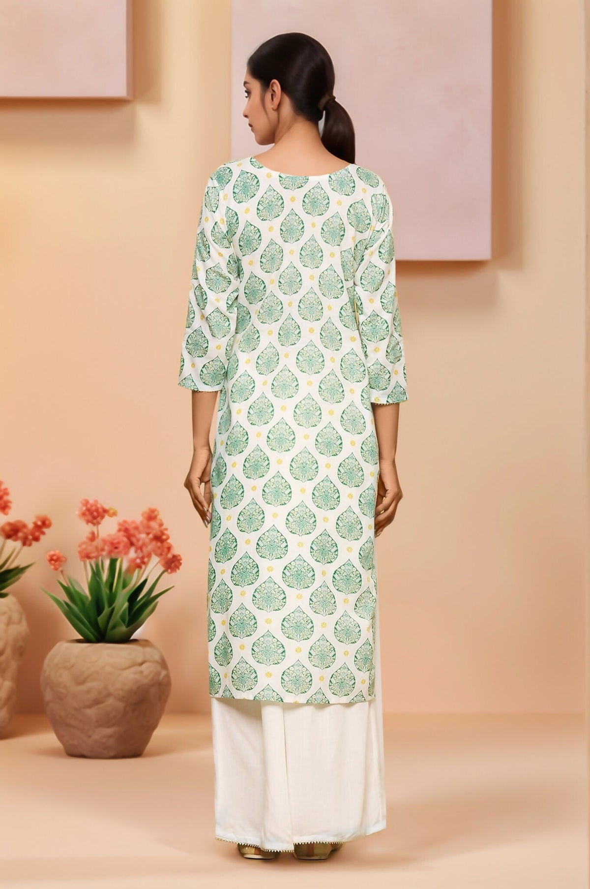 Joban Fashion White Based Leaves Printed Cotton Kurti With Matching Palazzo Set | Grocsy