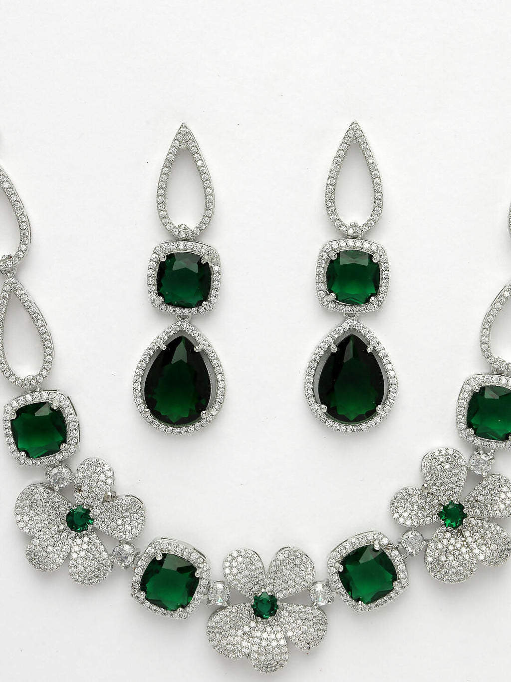 NVR Women's Green & Silver-Plated American Diamond Handcrafted Jewellery Set | Grocsy