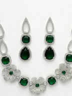 NVR Women's Green & Silver-Plated American Diamond Handcrafted Jewellery Set | Grocsy