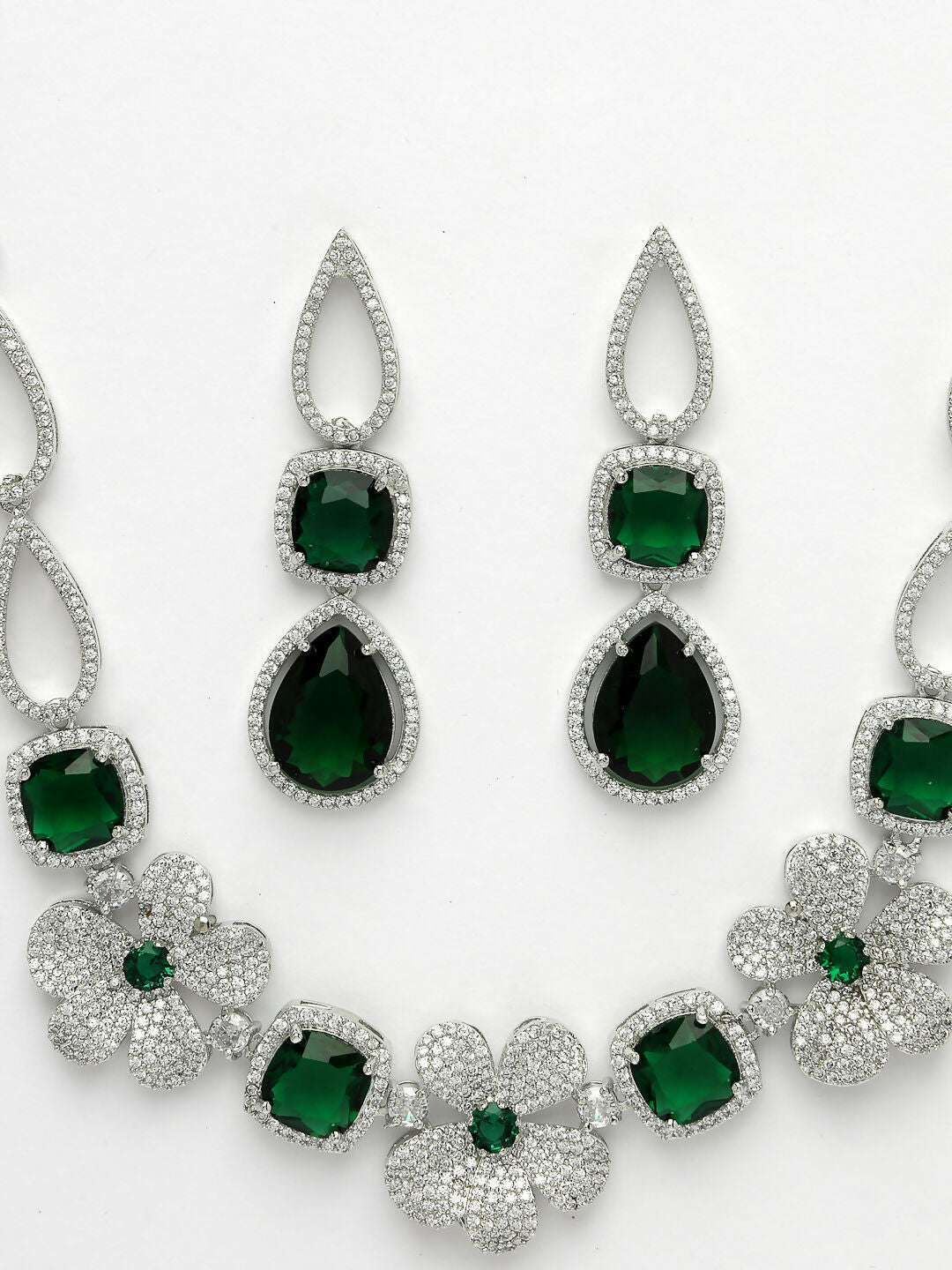 NVR Women's Green & Silver-Plated American Diamond Handcrafted Jewellery Set | Grocsy