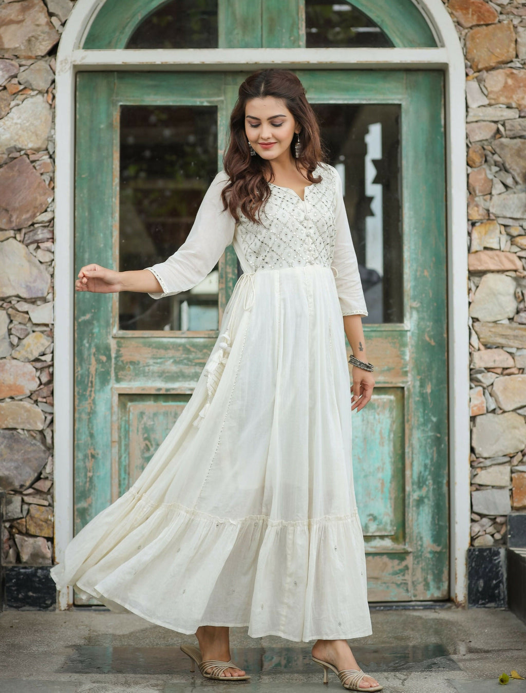 Kaajh Women's Off-White Floral Embroidered Cotton Ethnic Dress | Grocsy