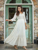 Kaajh Women's Off-White Floral Embroidered Cotton Ethnic Dress | Grocsy