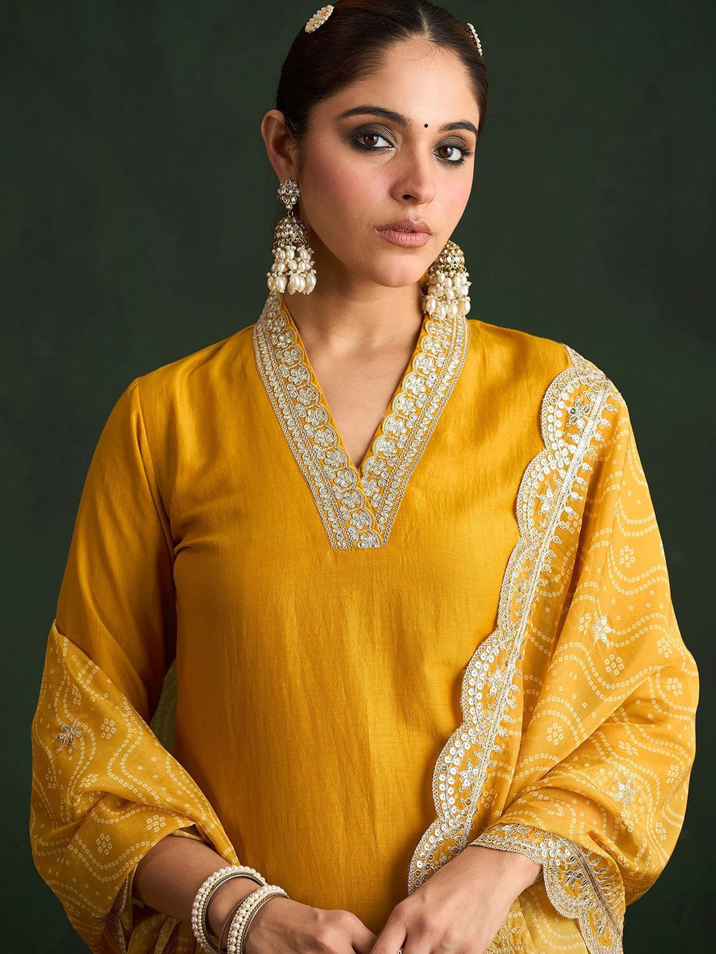 Indo Era Mustard Yellow Floral Embroidered V-Neck Straight Kurta with Trousers & Dupatta | Grocsy