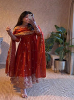 Teeya Creation Vibrant Orange Heavy Border Gher Anarkali Suit For Women | Grocsy