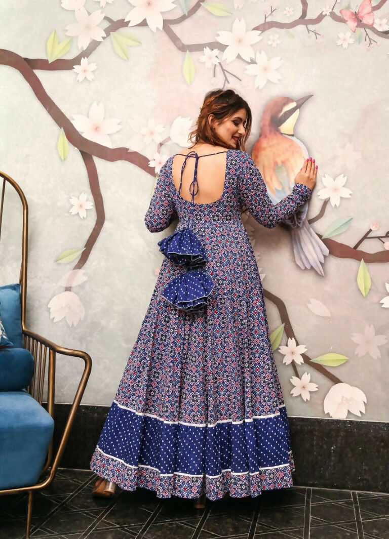 Jyoti Fashion Women's Navy Blue Heavy Digital Printed Cotton Silk Anarkali Dress | Grocsy
