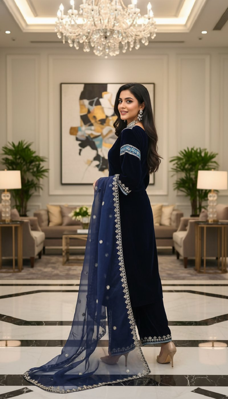 Joban Fashion Blue Velvet Embroidery Sequence Work Readymade Kurta Set | Grocsy