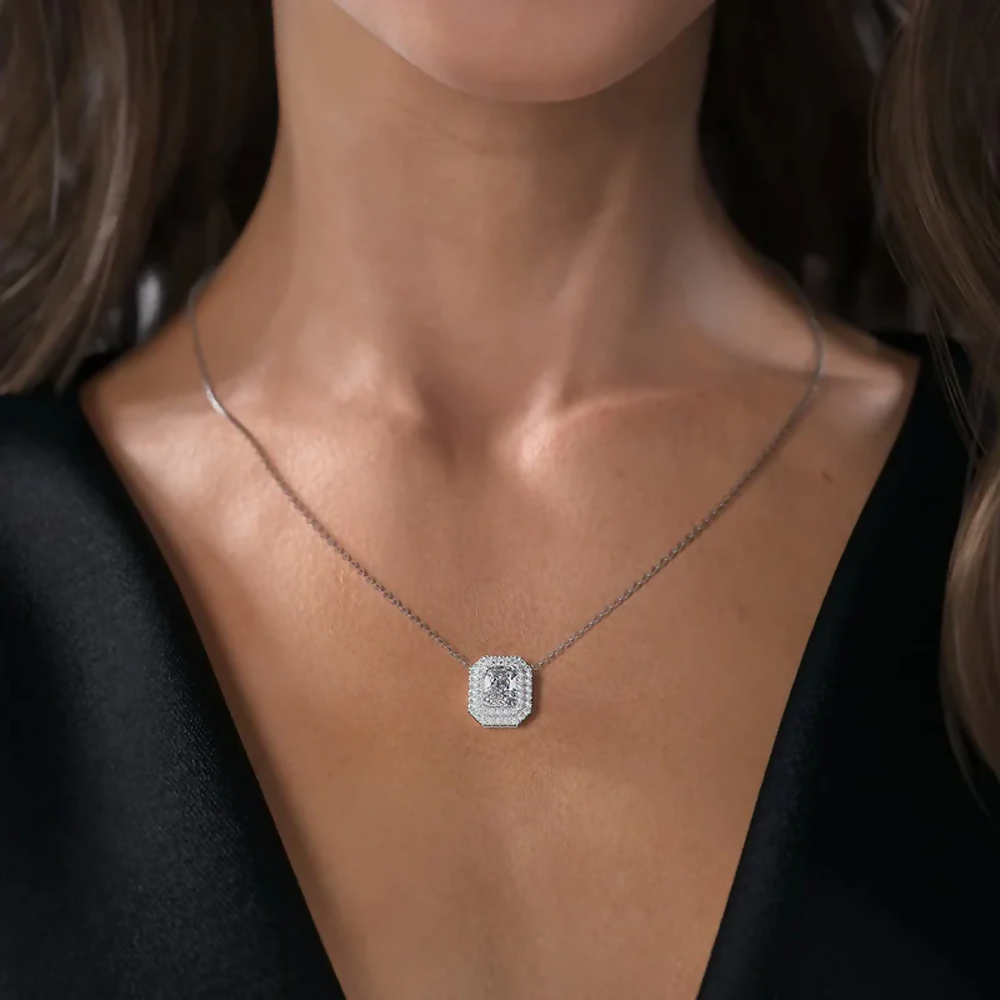 Cauer Elegant Radiant Moissanite Pendant Chain 14K Sterling Silver White Gold Plated | Grocsy