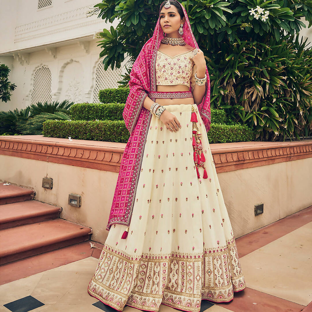 Cream Heavy Viscose Khatli, Embroidery & Mirror Work Unstitched Lehenga Choli - Sisha Keshav | Grocsy