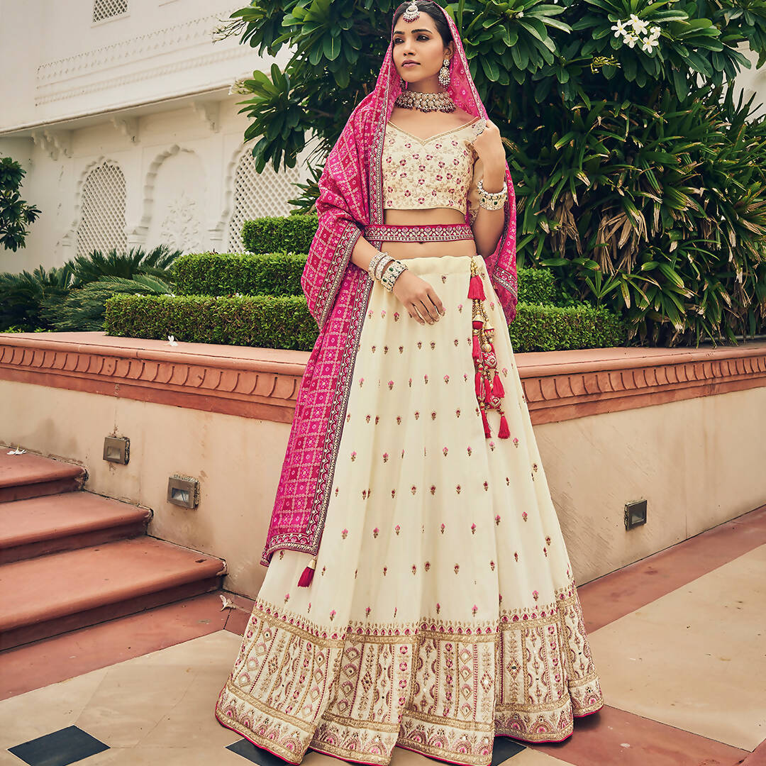 Cream Heavy Viscose Khatli, Embroidery & Mirror Work Unstitched Lehenga Choli - Sisha Keshav | Grocsy
