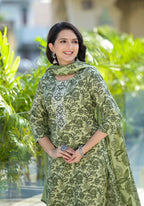 Juniper Women's Green Floral Printed Cotton Kurta Set With Thread & Mirror Work | Grocsy
