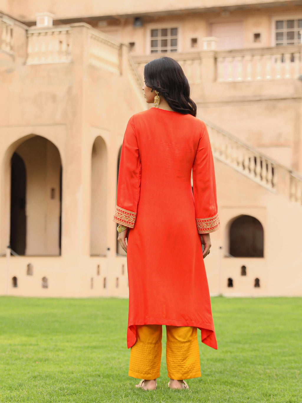 Juniper Women's The Swarna Coral Zari Embroidered Viscose Kurta & Pant Set With Sequins | Grocsy