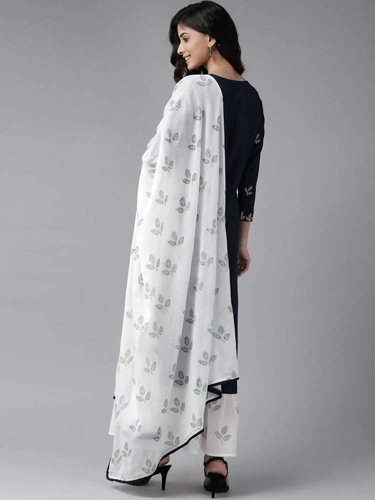 Yufta Women Navy Blue & White Embroidered Kurta with Palazzo & Dupatta | Grocsy