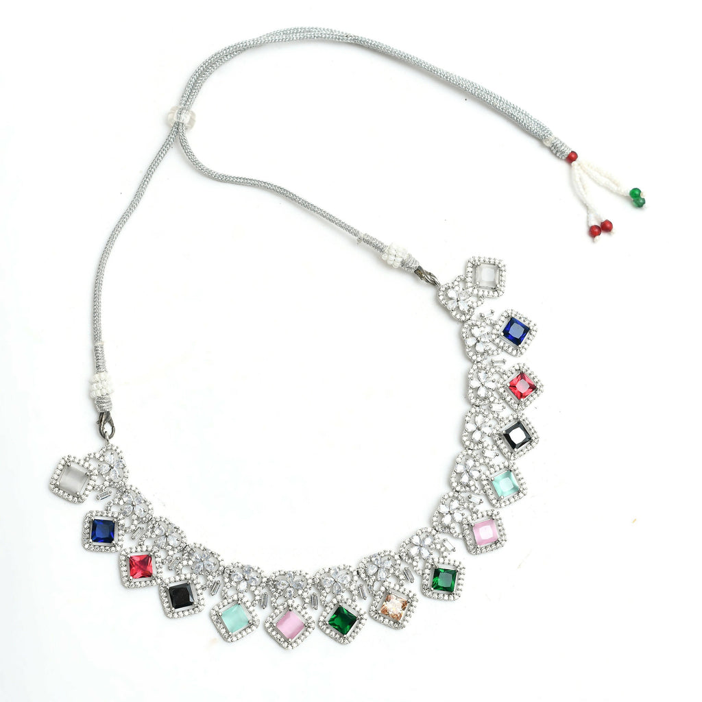 Mominos Fashion Johar Kamal Women Silver-Plated American Diamond Multi Colour Choker Set | Grocsy