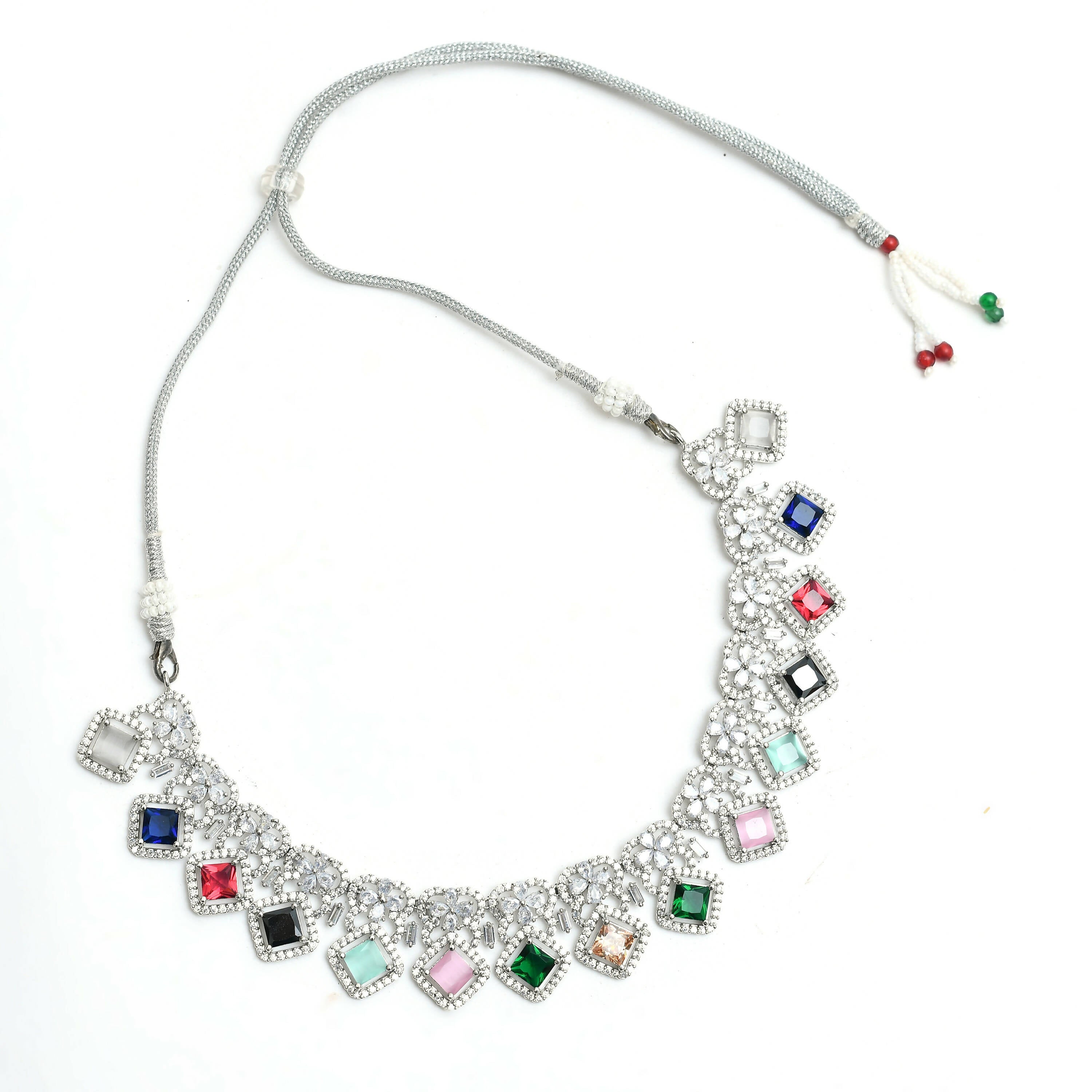 Mominos Fashion Johar Kamal Women Silver-Plated American Diamond Multi Colour Choker Set | Grocsy