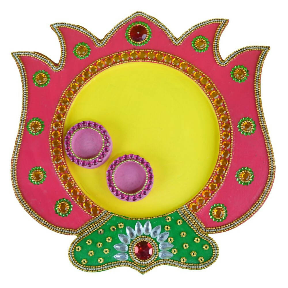 Kundan HandiKrafts Mdf Lotus Pooja Thalis - Pink | Grocsy