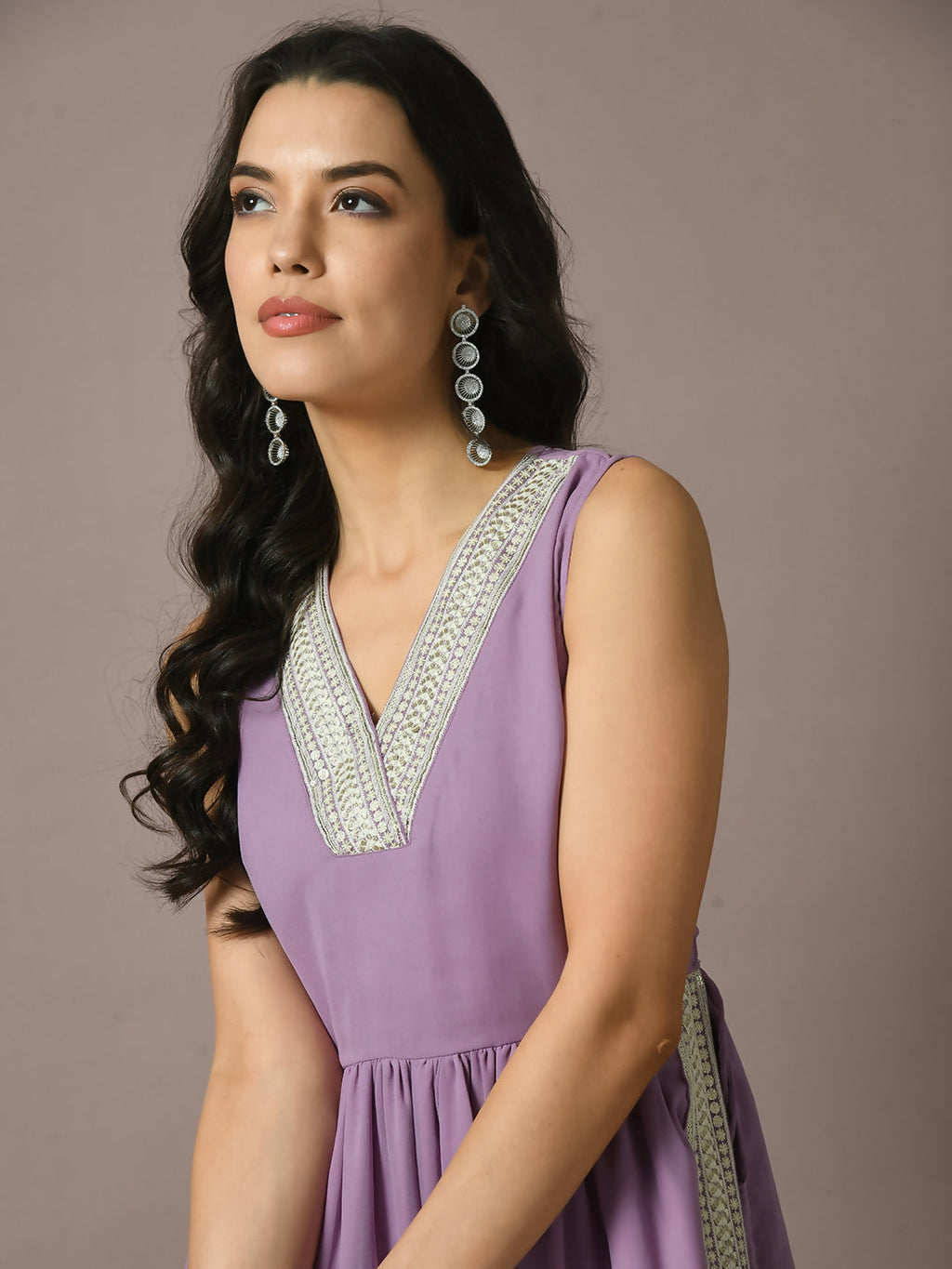 Myshka Women's Lavender Solid Georgette Anarkali Party Kurta Set | Grocsy