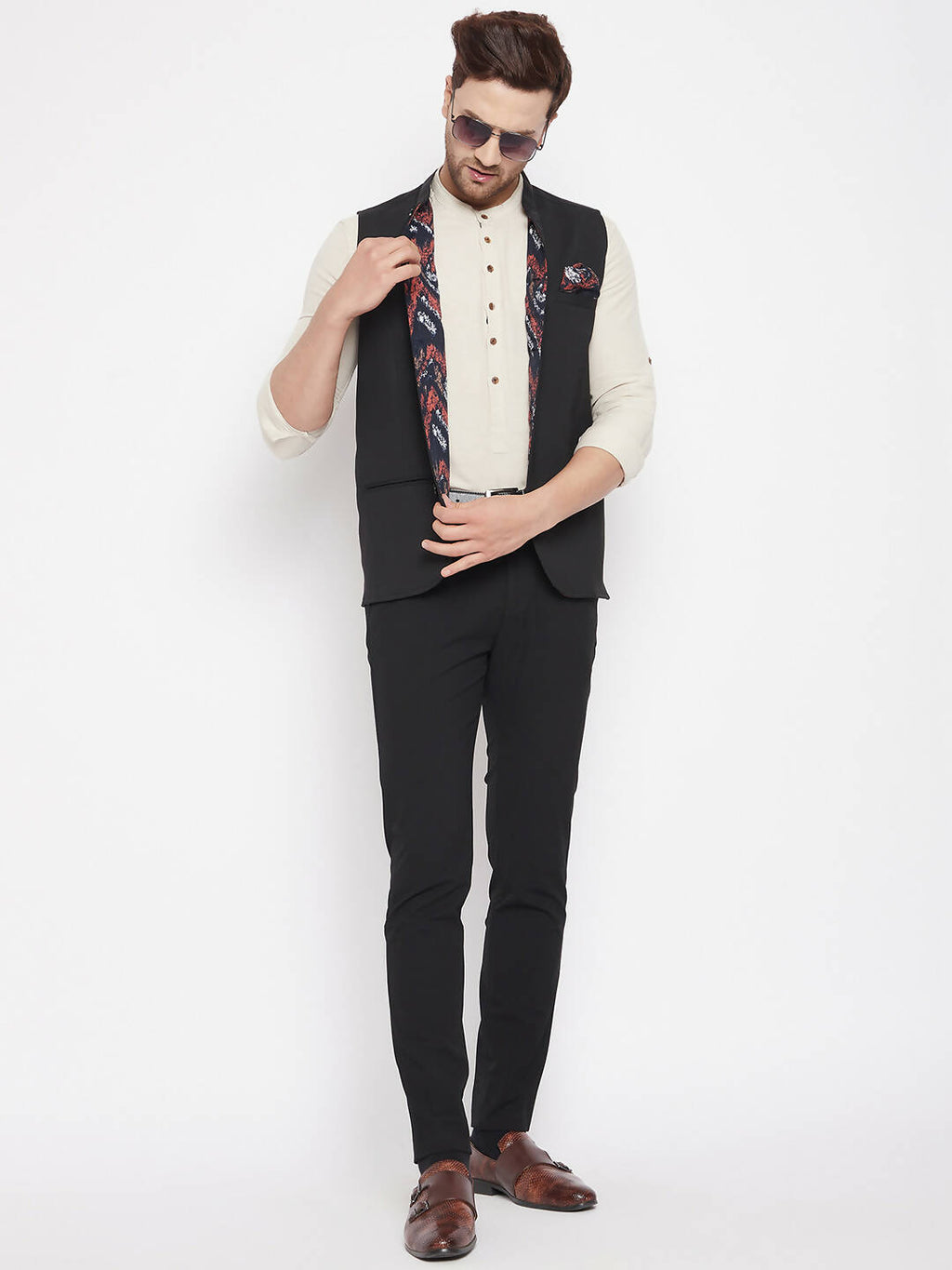 Even Apparels Black Merino Men's Nehru Jacket-Contrast Lining-Inbuilt Pocket Square | Grocsy