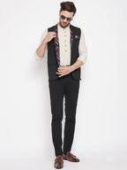 Even Apparels Black Merino Men's Nehru Jacket-Contrast Lining-Inbuilt Pocket Square | Grocsy