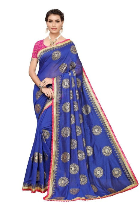 Vamika Chanderi Cotton Foil Print Blue Saree (GOLDEN BIRD BLUE) | Grocsy