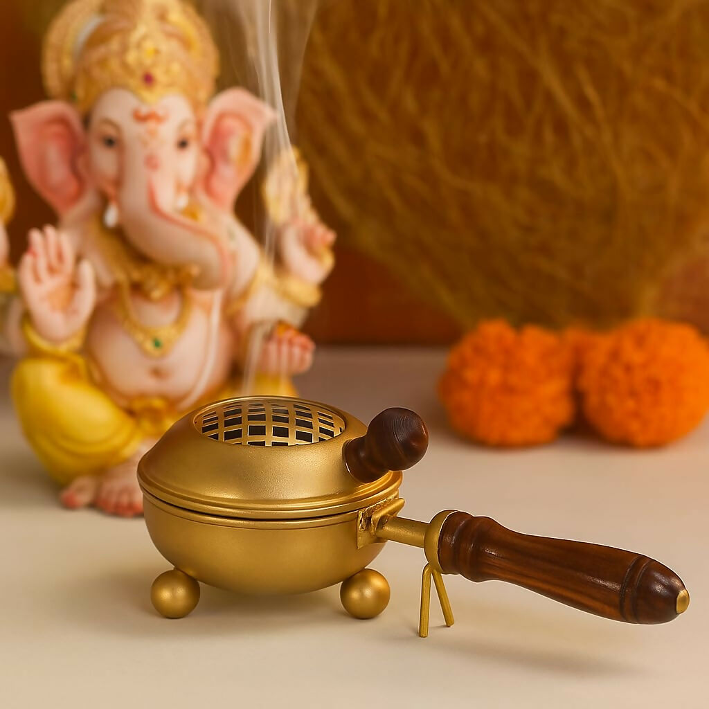 Not Available Handcrafted Metal Dhoop Dani Incense Burner - Golden Color | Grocsy