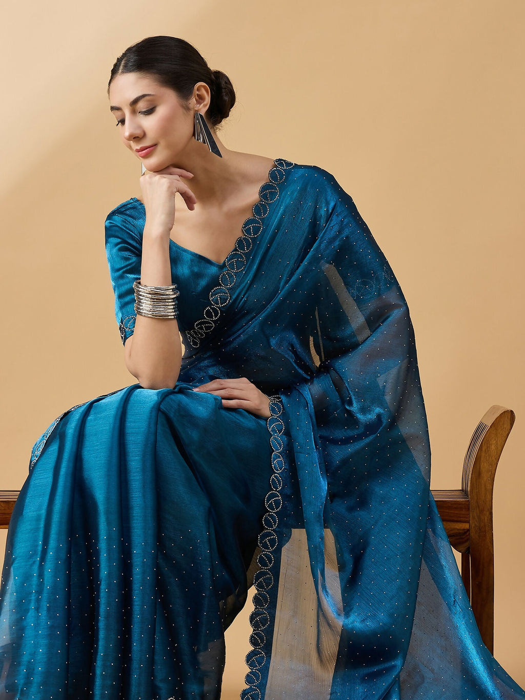Teal Organza Swaroski Diamond Work Saree with Unstitched Blouse - Radha | Grocsy