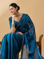 Teal Organza Swaroski Diamond Work Saree with Unstitched Blouse - Radha | Grocsy