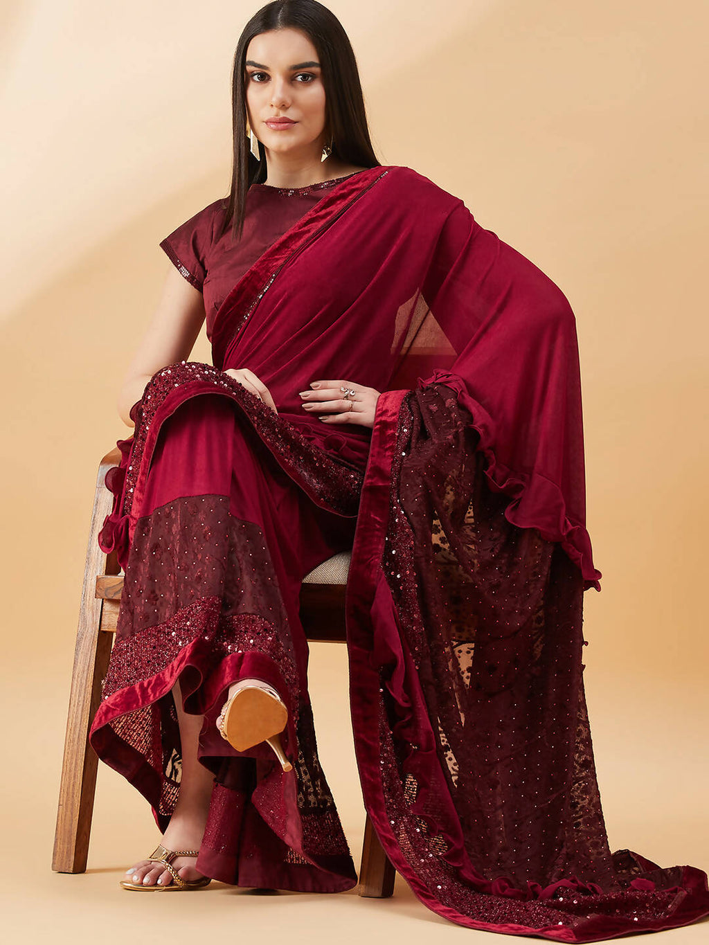 Maroon Lycra Embossed Fancy Velvet, Sequins Embroidery, Frill Details Saree - Norita Hit Design | Grocsy
