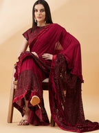 Maroon Lycra Embossed Fancy Velvet, Sequins Embroidery, Frill Details Saree - Norita Hit Design | Grocsy
