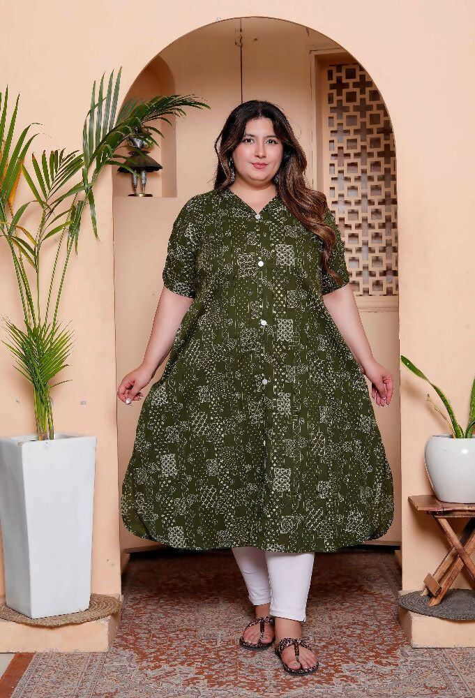 Miravan Womens Plus Size Pure Cotton Floral Printed Green Button Down A-Line Midi Dress | Grocsy