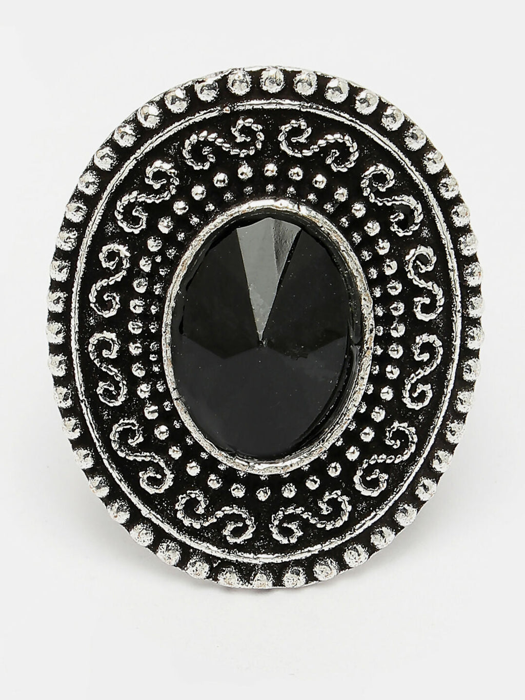 NVR Women's Black Silver-Toned German Silver Adjustable Finger Ring | Grocsy