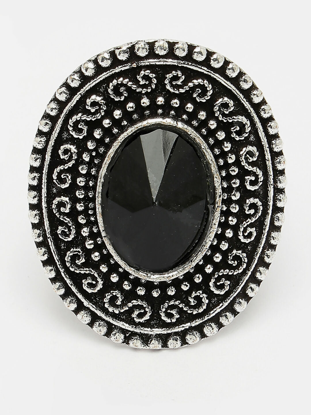 NVR Women's Black Silver-Toned German Silver Adjustable Finger Ring | Grocsy