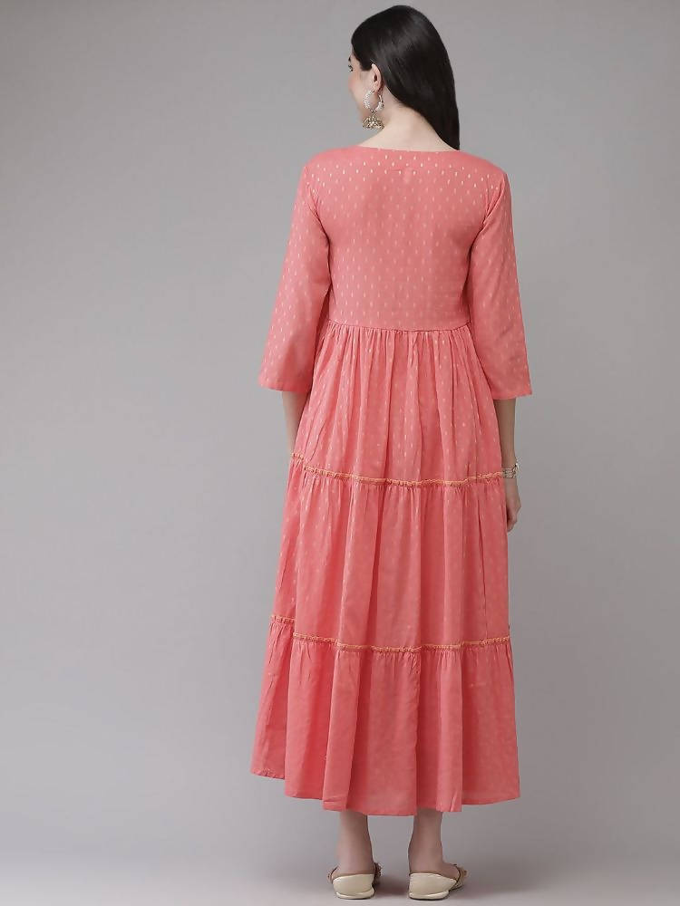 Yufta Coral Pink Embellished Embroidered Ethnic Dress | Grocsy