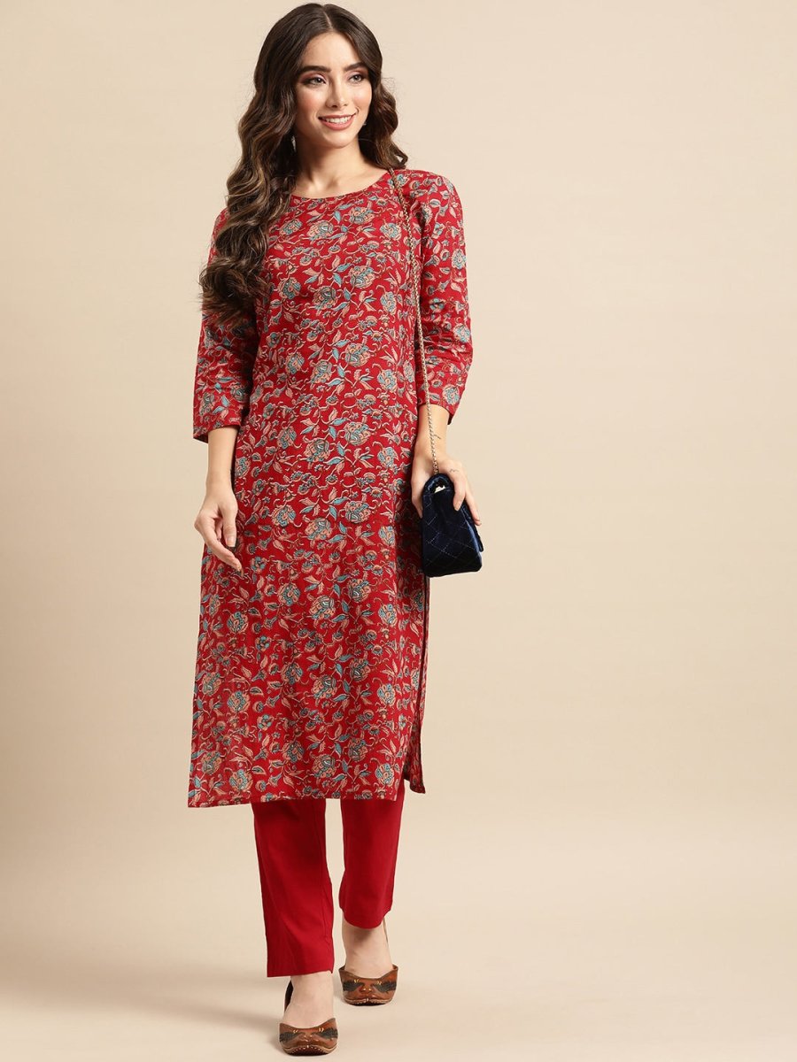 All About You Women Red Floral Printed Pure Cotton Kurta with Trousers | Grocsy