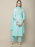 Sangria Women Blue & White Embroidery Printed Kurta Set | Grocsy