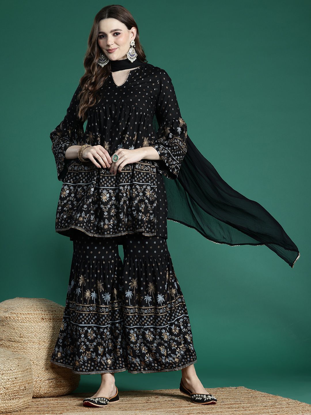 Sangria Women Floral Foil Printed Empire Kurta with Sharara & Dupatta | Grocsy
