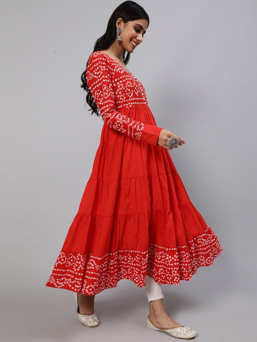 Aks Bandhani Yoke Design Long Sleeves Cotton Anarkali Kurta | Grocsy