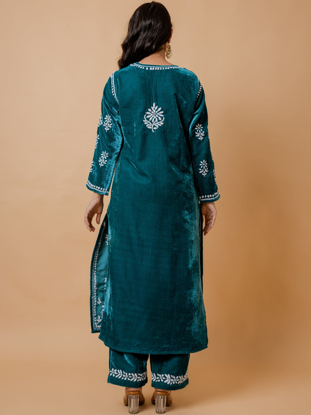 HOUSE OF KARI Ethnic Motifs Embroidered Chikankari Velvet Kurta With Trousers | Grocsy