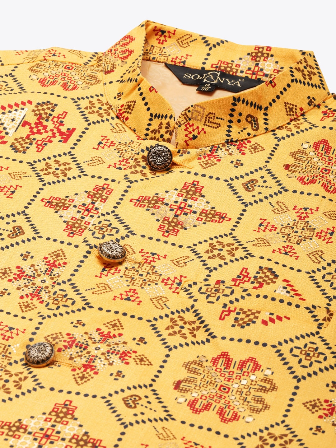 Sojanya Men Mustard Yellow Pure Cotton Kurta with Churidar & Nehru Jacket | Grocsy
