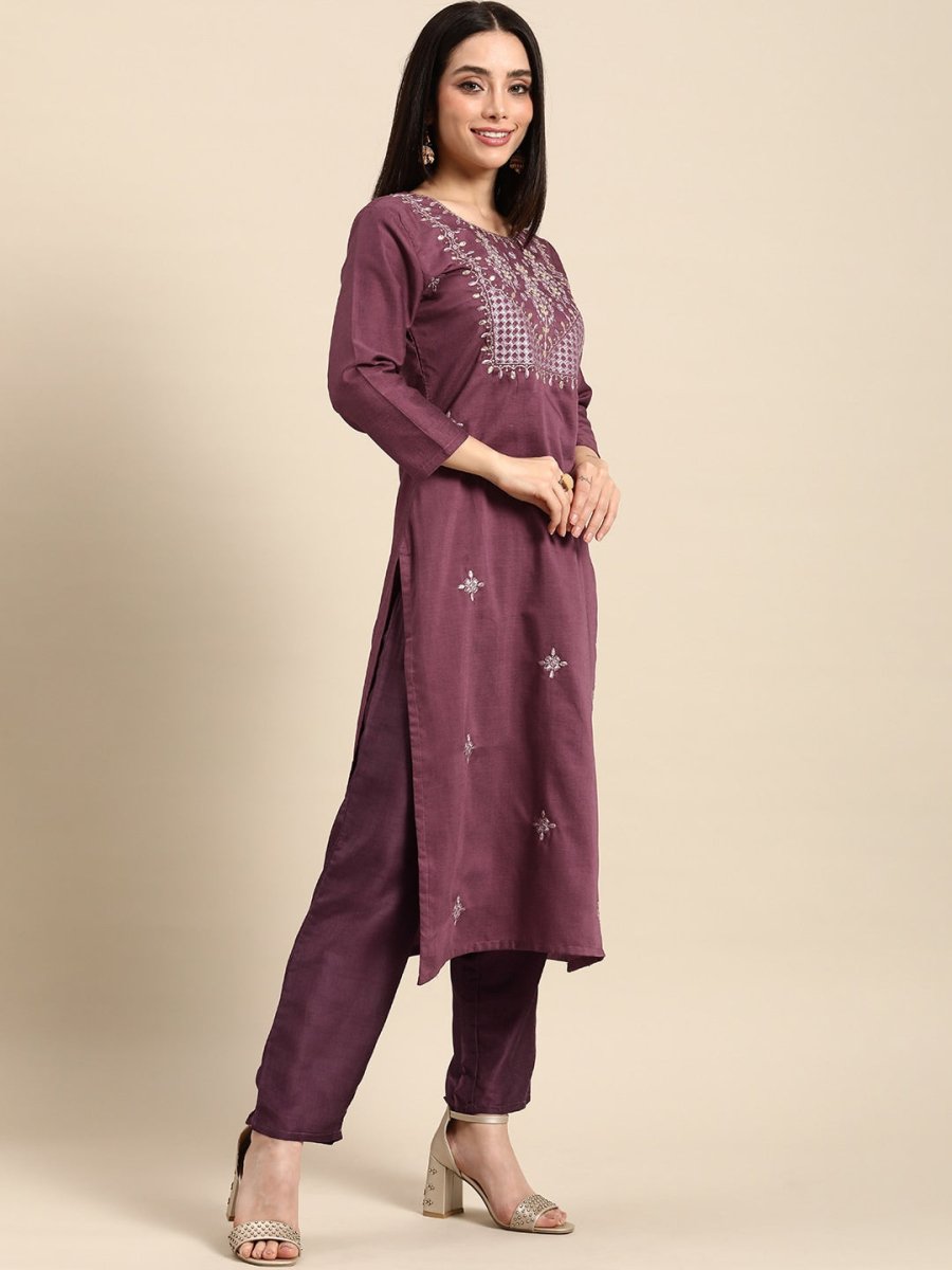 All About You Women Ethnic Motifs Embroidered Kurta With Trousers | Grocsy