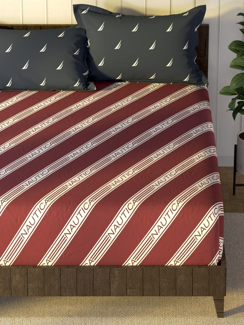 Nautica Noridge Red & White Printed Cotton 160 TC King Bedsheet with 2 Pillow Covers | Grocsy