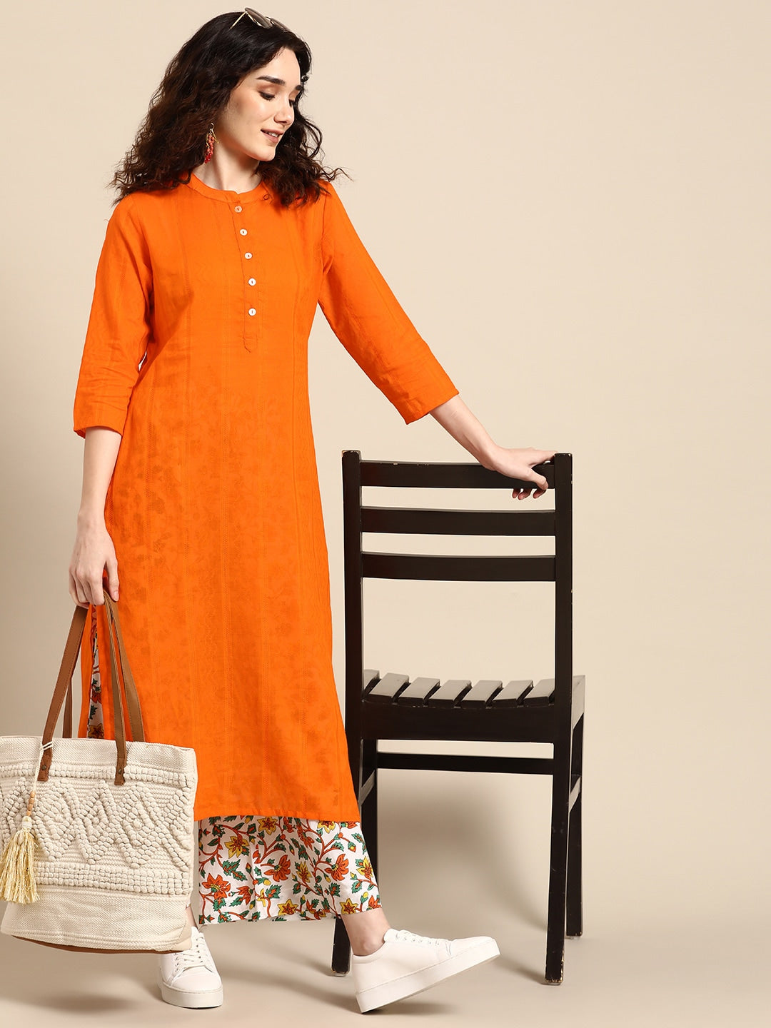 Sangria Women Orange Pure Cotton Kurta with Palazzos | Grocsy
