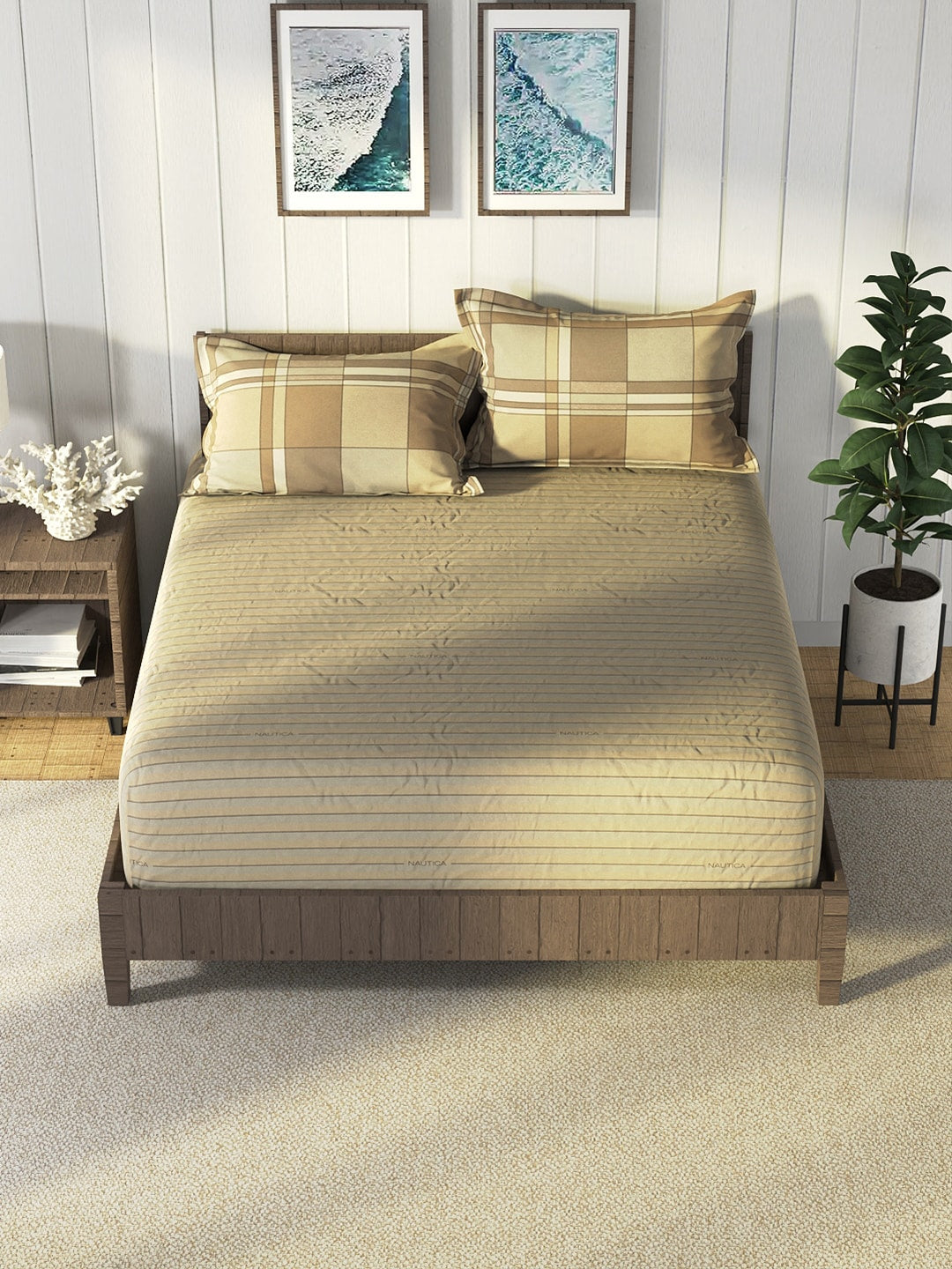 Nautica Brown & Brown Striped Cotton 160 TC King Bedsheet With 2 Pillow Covers | Grocsy