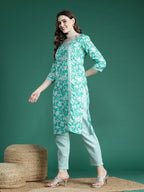 Sangria Floral Printed Angrakha Thread Work Pure Cotton Kurta with Trousers & With Dupatta | Grocsy