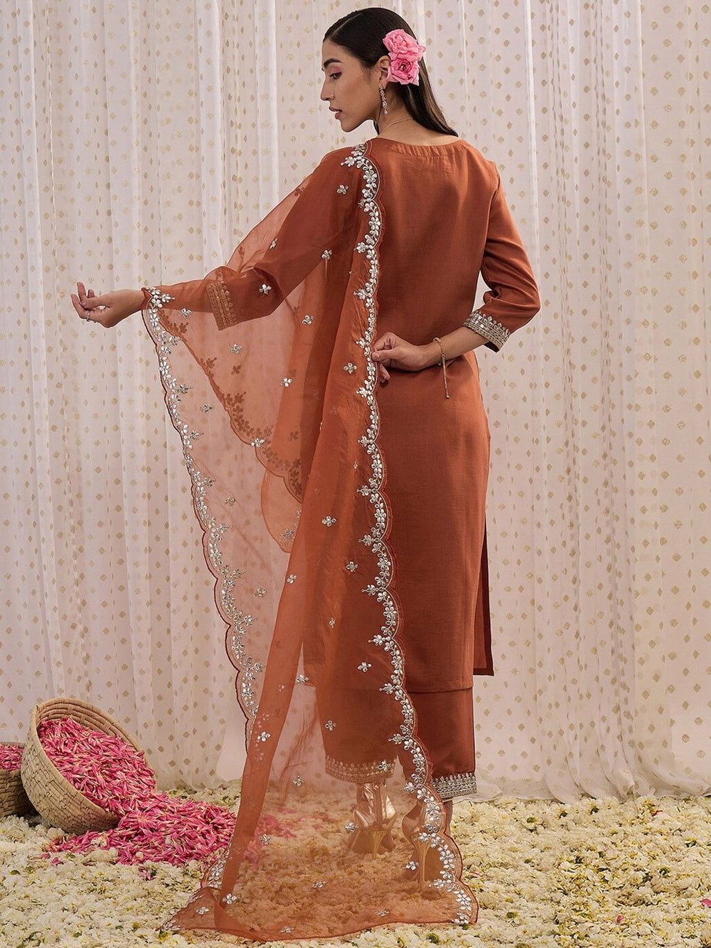 Indo Era Ethnic Motifs Embroidered Regular Gotta Patti Kurta with Trouser & Dupatta | Grocsy
