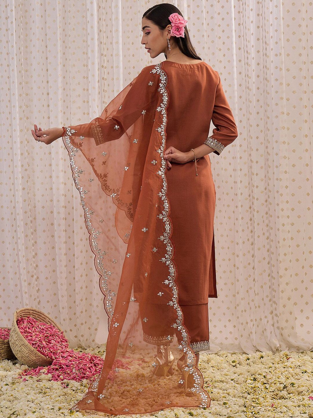 Indo Era Ethnic Motifs Embroidered Regular Gotta Patti Kurta with Trouser & Dupatta | Grocsy
