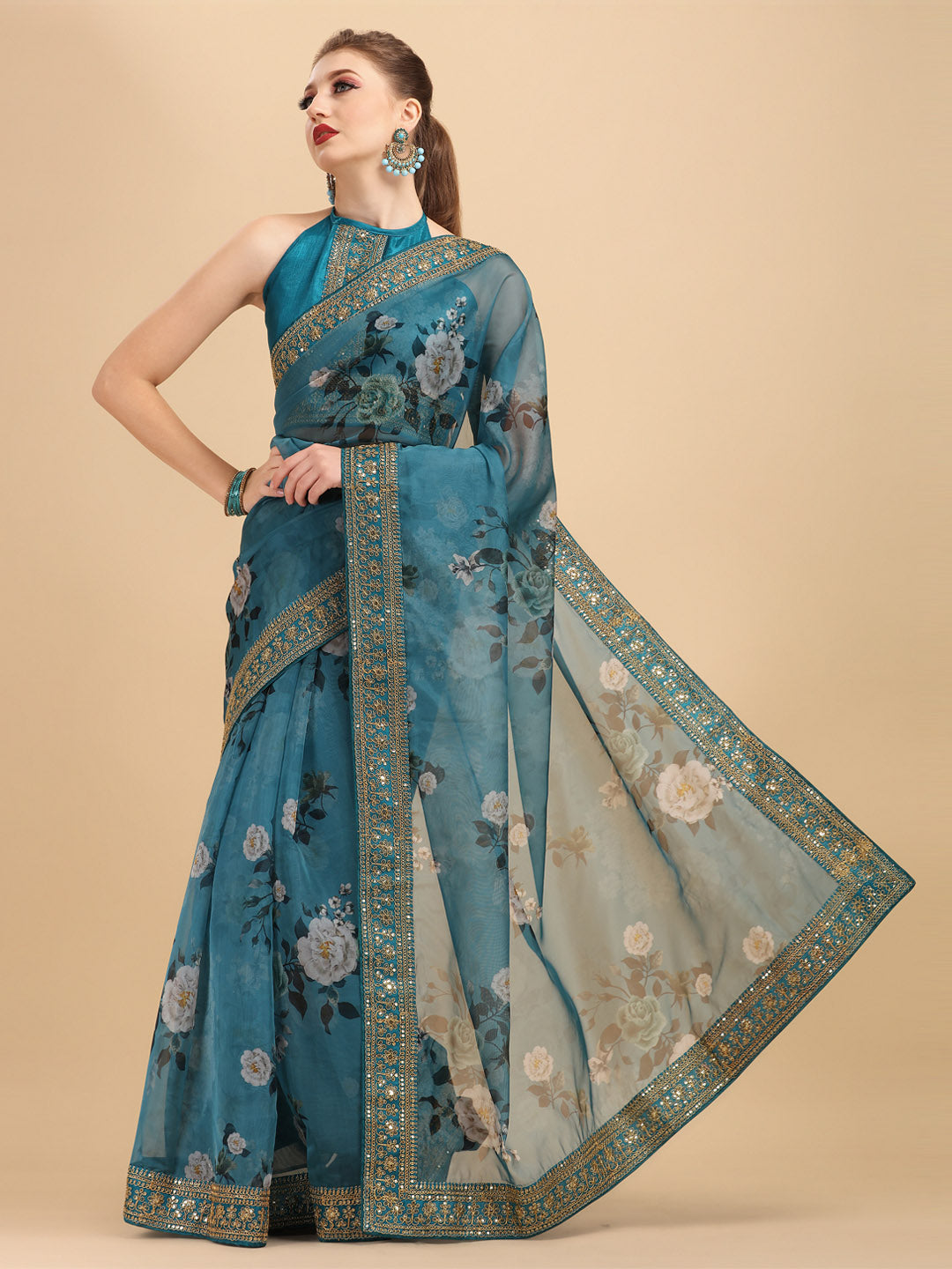 Sangria Teal & White Floral Embroidered Organza Saree | Grocsy