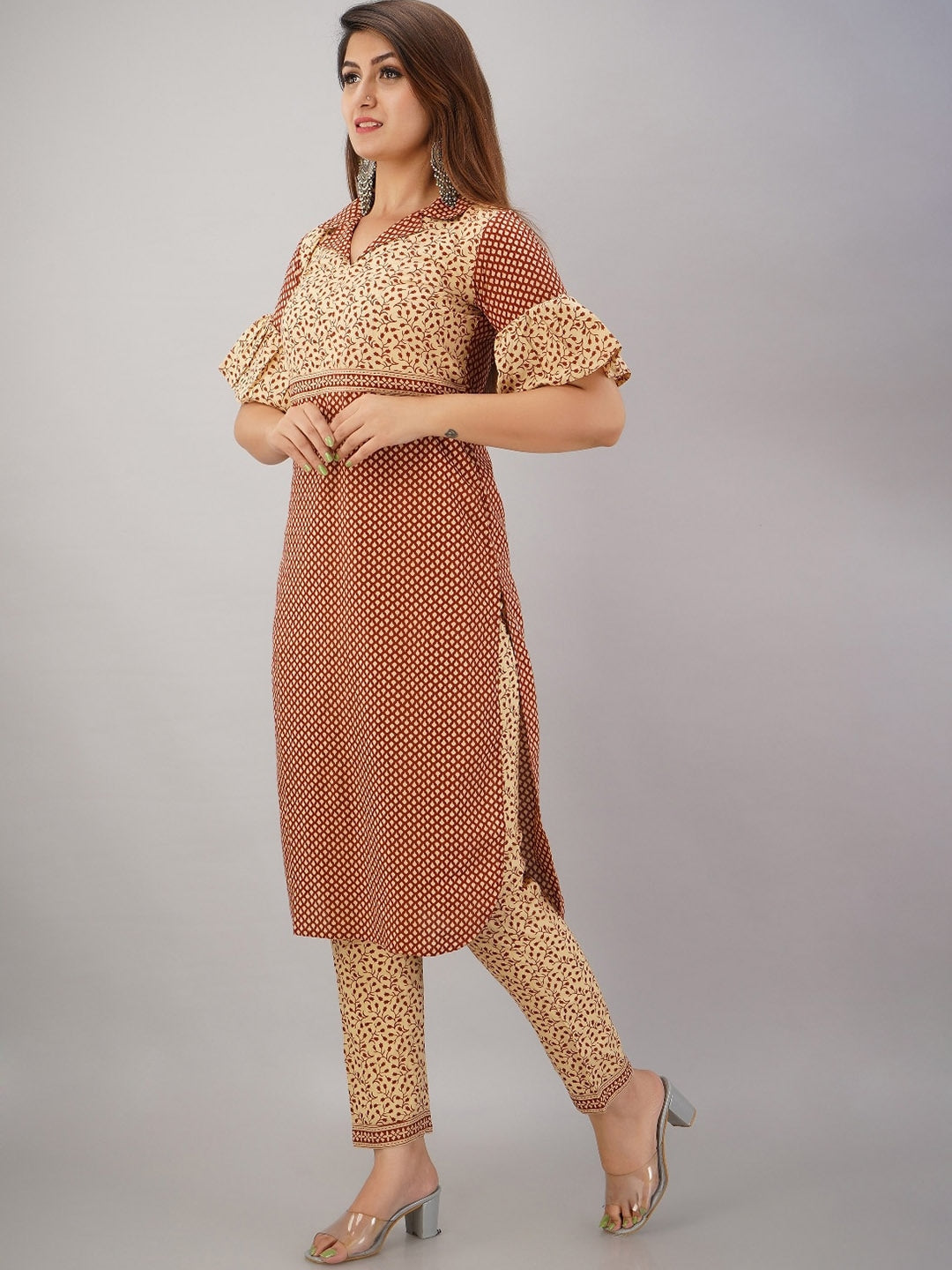 HERE&NOW Maroon & Beige Ethnic Motifs Printed Shirt Collar Kurta with Trousers | Grocsy